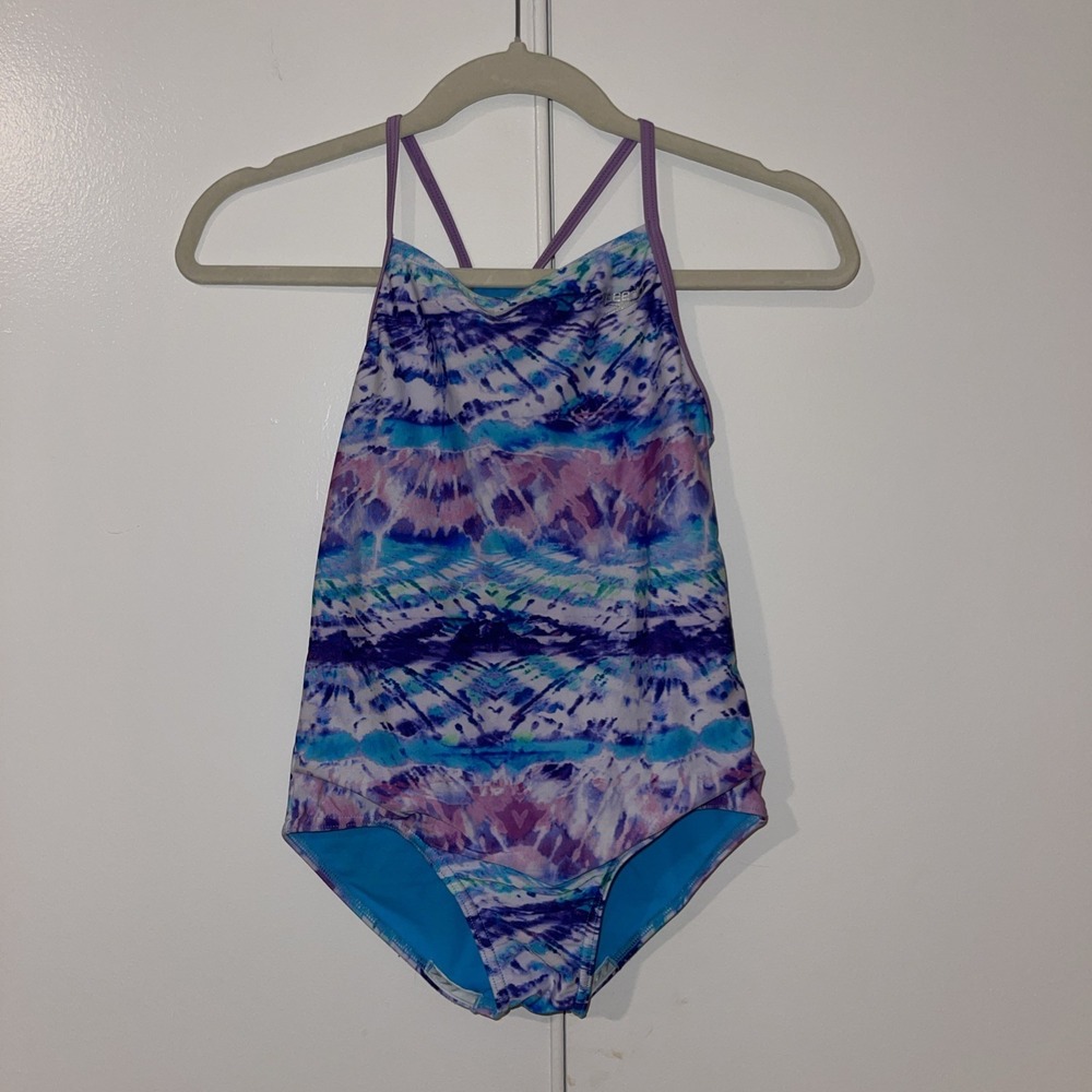 Speedo Girls Purple Blue Tie Dye One Piece Swimsuit L Youth Professional Grade